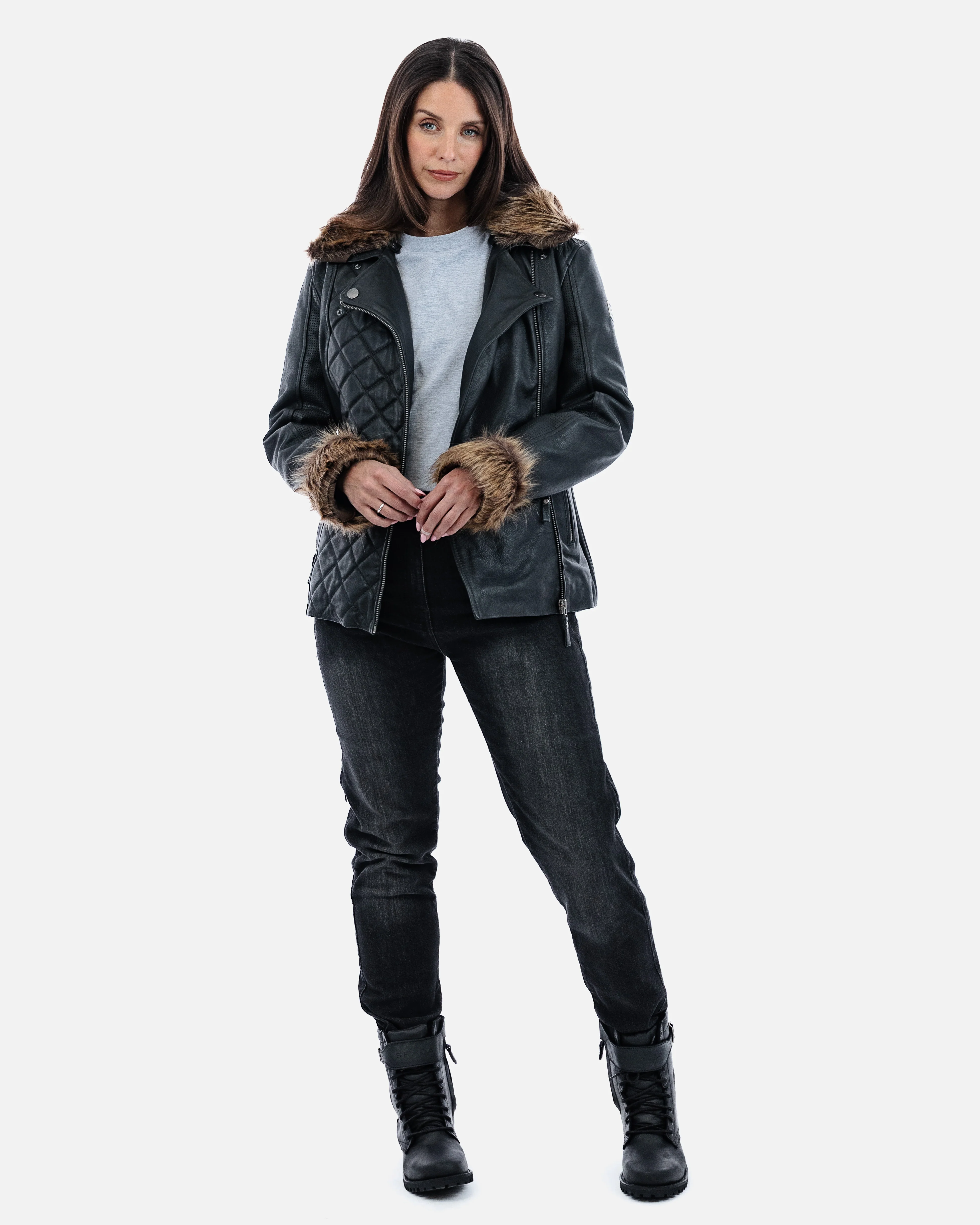 Lancer Ladies Black Leather Motorcycle Jacket - Image 8