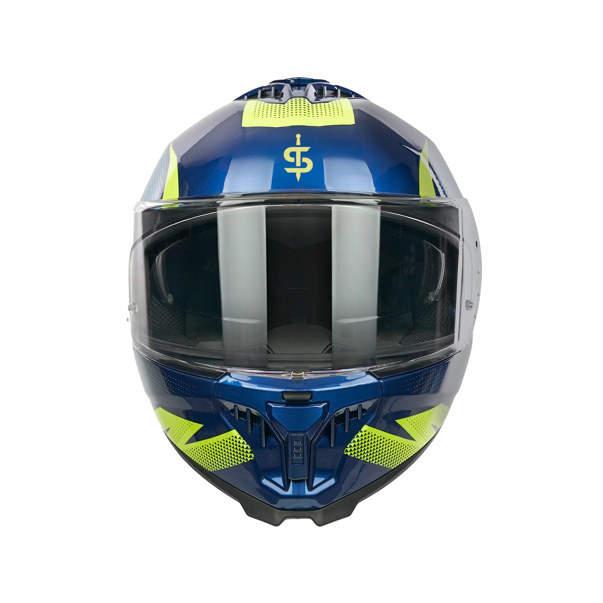 SP18 Vertex Blue & Yellow Full Face Motorbike Helmet - Image 3