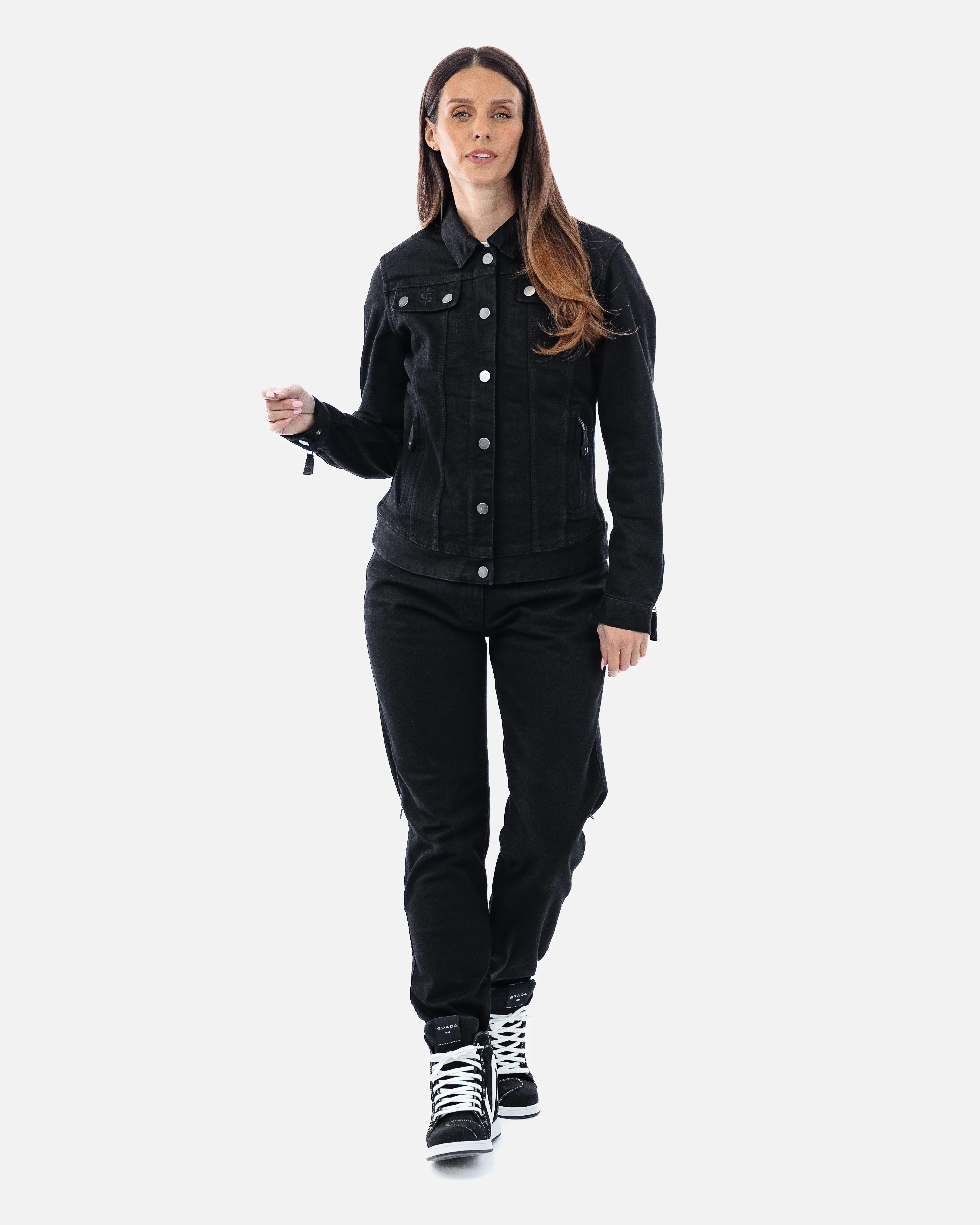 Tura Trucker Solid Black Ladies Motorcycle Denim Jacket - Grace Webb Edit - Image 5