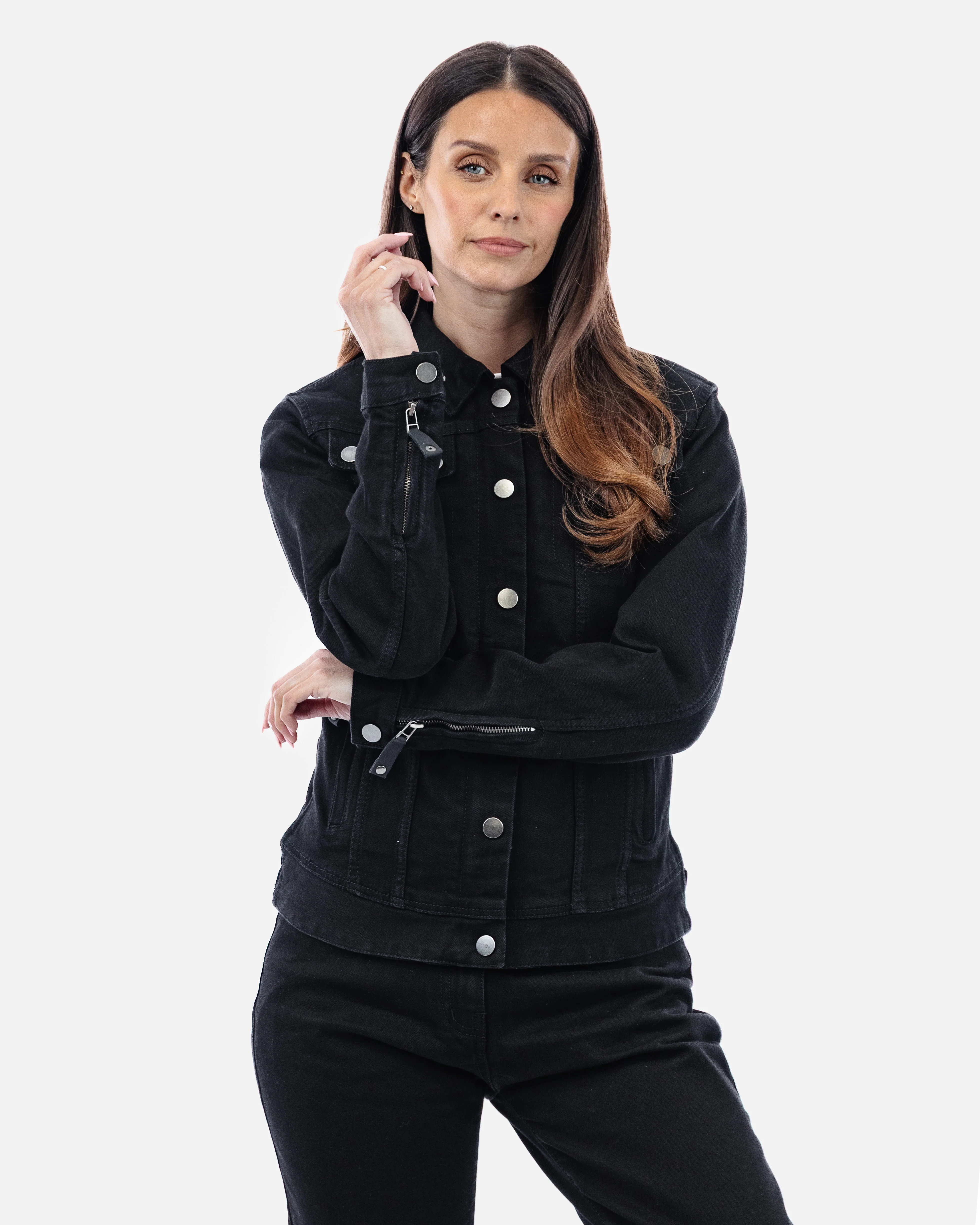 Tura Trucker Solid Black Ladies Motorcycle Denim Jacket - Image 6